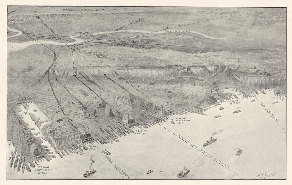 NEW JERSEY. Bird's eye view of shore opposite New York City; railroads 1907